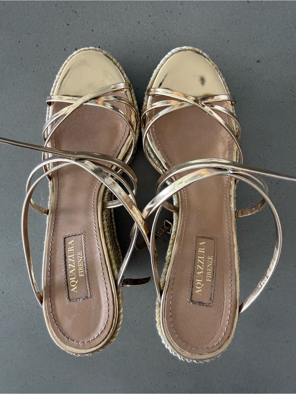 Aquazzura Metallic Gold Strappy Espadrille Sandals - Picture 1 of 3